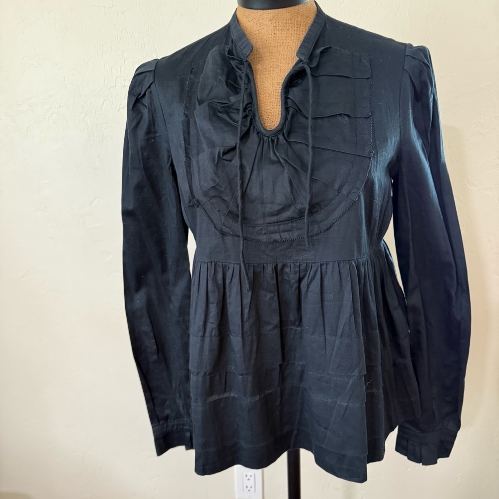 Hoss Intropia 100% cotton black long sleeve blouse ruffles tiers front tie Med‌